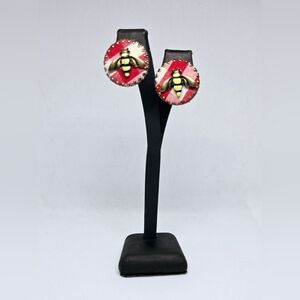 Bee Design Earrings with Red and White Checkered Accents